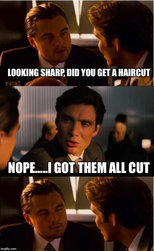 Inception Meme | LOOKING SHARP, DID YOU GET A HAIRCUT; NOPE.....I GOT THEM ALL CUT | image tagged in memes,inception | made w/ Imgflip meme maker