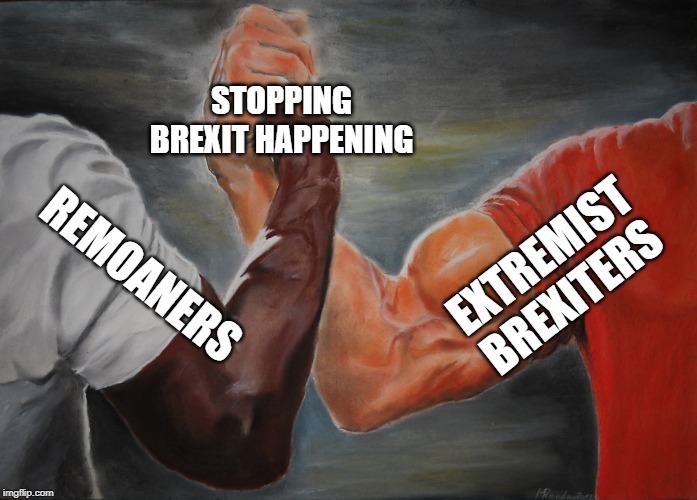 Epic Handshake Meme | STOPPING BREXIT HAPPENING; EXTREMIST BREXITERS; REMOANERS | image tagged in epic handshake | made w/ Imgflip meme maker