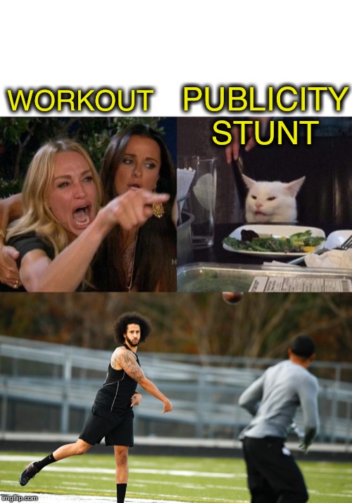 Either way, has beens don’t get offered contracts | PUBLICITY STUNT; WORKOUT | image tagged in memes,woman yelling at cat | made w/ Imgflip meme maker