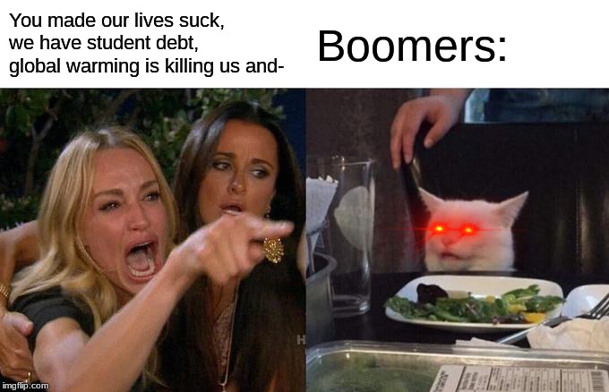 Woman Yelling At Cat Meme | You made our lives suck, we have student debt, global warming is killing us and-; Boomers: | image tagged in memes,woman yelling at cat | made w/ Imgflip meme maker