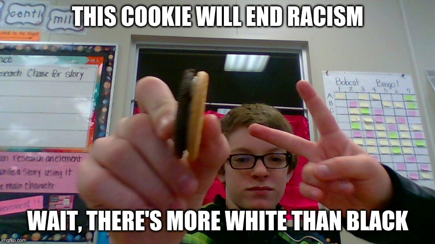 racism resolver cookie | THIS COOKIE WILL END RACISM; WAIT, THERE'S MORE WHITE THAN BLACK | image tagged in racism resolver cookie | made w/ Imgflip meme maker