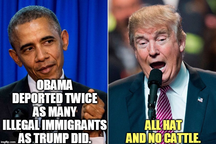 Trump brags, but he's just plain  incompetent. Obama got the job done. | OBAMA DEPORTED TWICE AS MANY ILLEGAL IMMIGRANTS AS TRUMP DID. ALL HAT AND NO CATTLE. | image tagged in trump,obama,border,deportation,illegal immigrants | made w/ Imgflip meme maker