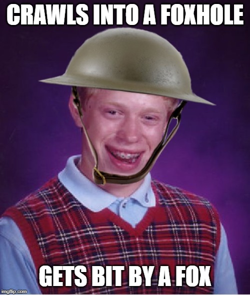 WWI Bad Luck Brian | CRAWLS INTO A FOXHOLE; GETS BIT BY A FOX | image tagged in wwi bad luck brian | made w/ Imgflip meme maker