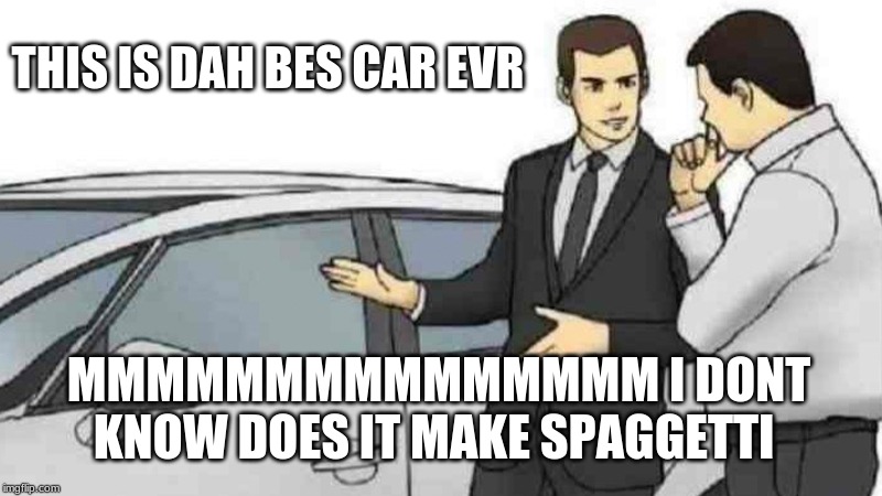 Car Salesman Slaps Roof Of Car Meme | THIS IS DAH BES CAR EVR; MMMMMMMMMMMMMMM I DON'T KNOW DOES IT MAKE SPAGHETTI | image tagged in memes,car salesman slaps roof of car | made w/ Imgflip meme maker