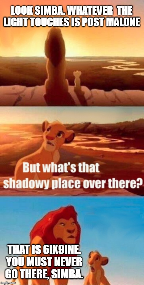 Simba Shadowy Place | LOOK SIMBA. WHATEVER  THE LIGHT TOUCHES IS POST MALONE; THAT IS 6IX9INE. YOU MUST NEVER GO THERE, SIMBA. | image tagged in memes,simba shadowy place | made w/ Imgflip meme maker
