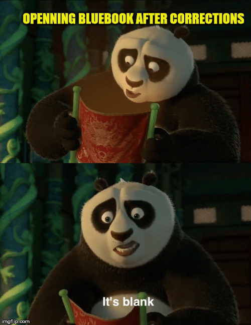 Kung Fu Panda blank | OPENNING BLUEBOOK AFTER CORRECTIONS | image tagged in kung fu panda blank | made w/ Imgflip meme maker