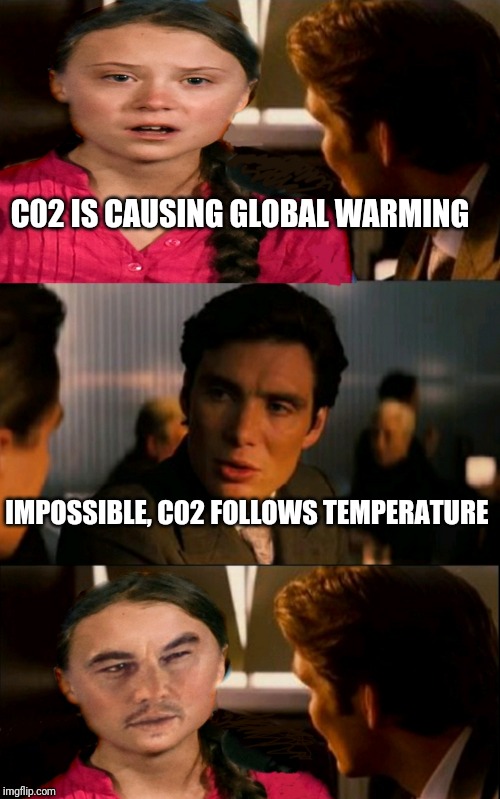 C02 IS CAUSING GLOBAL WARMING; IMPOSSIBLE, C02 FOLLOWS TEMPERATURE | image tagged in inception,greta thunberg,global warming | made w/ Imgflip meme maker