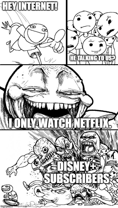 Hey Internet Meme | HEY INTERNET! HE TALKING TO US? I ONLY WATCH NETFLIX. DISNEY+ SUBSCRIBERS | image tagged in memes,hey internet | made w/ Imgflip meme maker