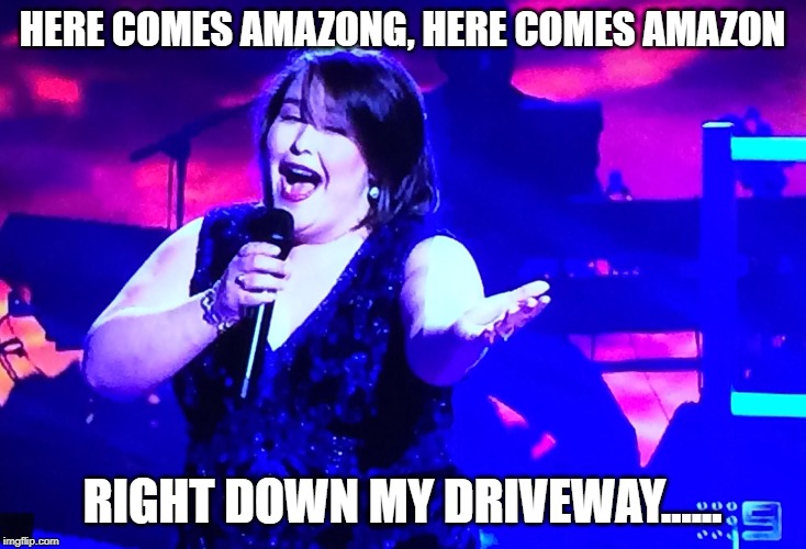 Singing for you | HERE COMES AMAZONG, HERE COMES AMAZON; RIGHT DOWN MY DRIVEWAY...... | image tagged in singing for you | made w/ Imgflip meme maker