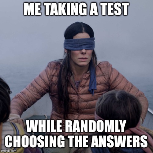 ViDeO GaMe = PrOcRaStInAtIoN | ME TAKING A TEST; WHILE RANDOMLY CHOOSING THE ANSWERS | image tagged in memes,bird box | made w/ Imgflip meme maker