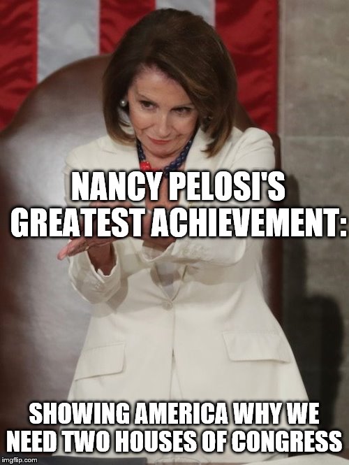 Nancy Pelosi's greatest achievement | NANCY PELOSI'S GREATEST ACHIEVEMENT:; SHOWING AMERICA WHY WE NEED TWO HOUSES OF CONGRESS | image tagged in clapping speaker nancy pelosi,inept,pelosi,inadequate | made w/ Imgflip meme maker