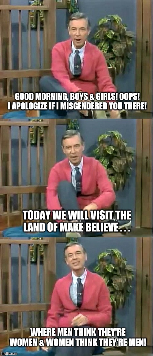 Bad Pun Mr. Rogers | GOOD MORNING, BOYS & GIRLS! OOPS! I APOLOGIZE IF I MISGENDERED YOU THERE! TODAY WE WILL VISIT THE LAND OF MAKE BELIEVE . . . WHERE MEN THINK THEY'RE WOMEN & WOMEN THINK THEY'RE MEN! | image tagged in bad pun mr rogers | made w/ Imgflip meme maker