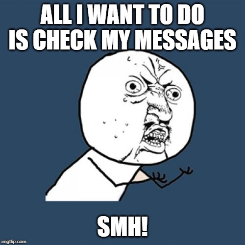 Y U No Meme | ALL I WANT TO DO IS CHECK MY MESSAGES; SMH! | image tagged in memes,y u no | made w/ Imgflip meme maker