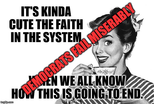 1950s Housewife | IT'S KINDA CUTE THE FAITH IN THE SYSTEM WHEN WE ALL KNOW HOW THIS IS GOING TO END. DEMOCRATS FAIL MISERABLY | image tagged in 1950s housewife | made w/ Imgflip meme maker