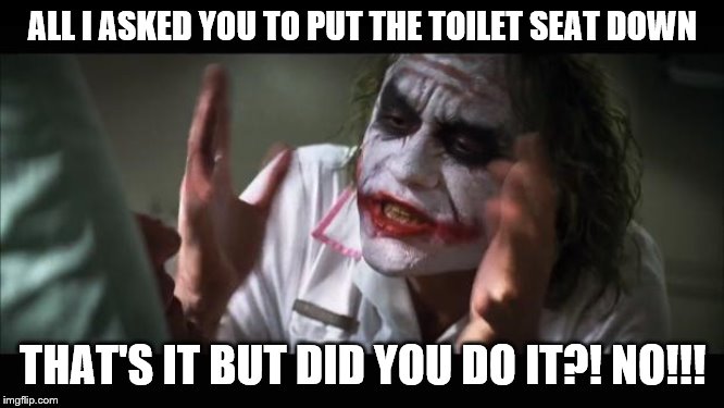 And everybody loses their minds | ALL I ASKED YOU TO PUT THE TOILET SEAT DOWN; THAT'S IT BUT DID YOU DO IT?! NO!!! | image tagged in memes,and everybody loses their minds | made w/ Imgflip meme maker