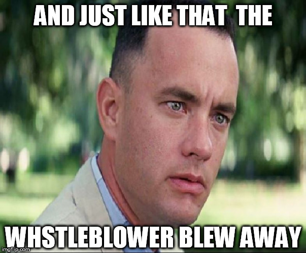 FORREST GUMP IS ON THE CASE! | AND JUST LIKE THAT  THE; WHSTLEBLOWER BLEW AWAY | image tagged in and just like that,whistleblower  gump | made w/ Imgflip meme maker