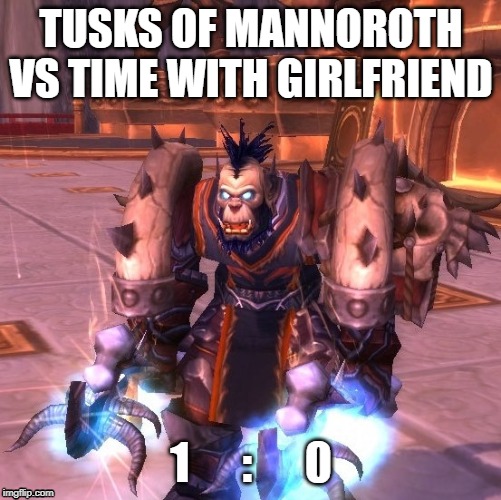 WoW ftw | TUSKS OF MANNOROTH VS TIME WITH GIRLFRIEND; 1      :      0 | image tagged in girlfriend,wow,world of warcraft,relationships,gaming,love | made w/ Imgflip meme maker