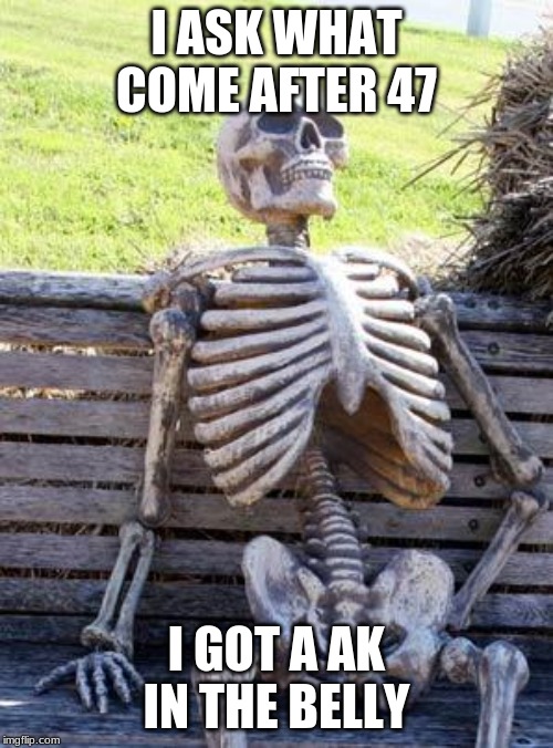 Waiting Skeleton | I ASK WHAT COME AFTER 47; I GOT A AK IN THE BELLY | image tagged in memes,waiting skeleton | made w/ Imgflip meme maker