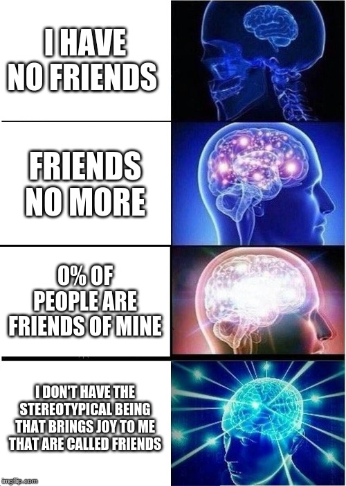 Expanding Brain Meme | I HAVE NO FRIENDS; FRIENDS NO MORE; 0% OF PEOPLE ARE FRIENDS OF MINE; I DON'T HAVE THE STEREOTYPICAL BEING THAT BRINGS JOY TO ME THAT ARE CALLED FRIENDS | image tagged in memes,expanding brain | made w/ Imgflip meme maker