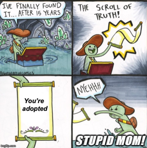 Wow... finally I find out | image tagged in adopted,moms,the scroll of truth | made w/ Imgflip meme maker
