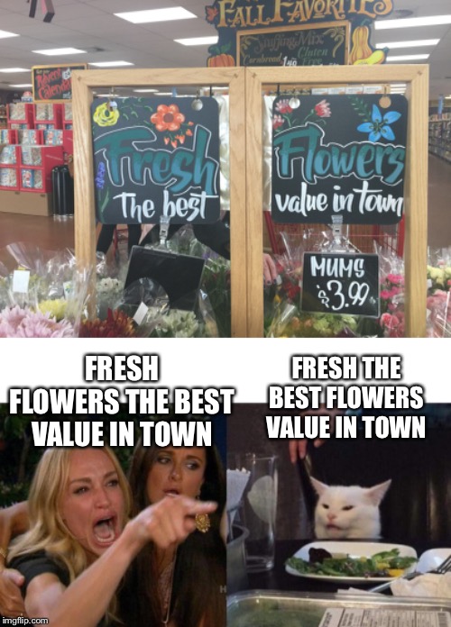 FRESH FLOWERS THE BEST VALUE IN TOWN; FRESH THE BEST FLOWERS VALUE IN TOWN | image tagged in memes,woman yelling at cat | made w/ Imgflip meme maker