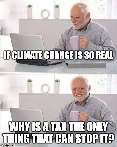 Climate Tax Hoax | IF CLIMATE CHANGE IS SO REAL; WHY IS A TAX THE ONLY THING THAT CAN STOP IT? | image tagged in memes,hide the pain harold,climate change,taxation is theft,liberty | made w/ Imgflip meme maker