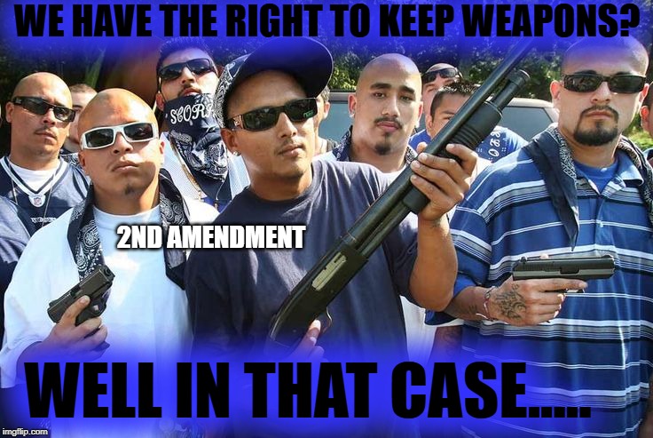 Cholo is isis | WE HAVE THE RIGHT TO KEEP WEAPONS? 2ND AMENDMENT; WELL IN THAT CASE..... | image tagged in cholo is isis | made w/ Imgflip meme maker