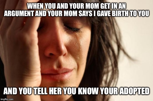 First World Problems | WHEN YOU AND YOUR MOM GET IN AN ARGUMENT AND YOUR MOM SAYS I GAVE BIRTH TO YOU; AND YOU TELL HER YOU KNOW YOUR ADOPTED | image tagged in memes,first world problems | made w/ Imgflip meme maker