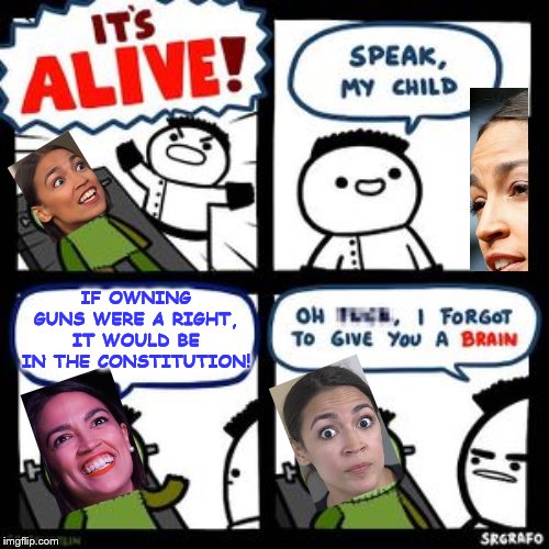 Wait, does Obama-care cover brain transplants? | IF OWNING GUNS WERE A RIGHT, IT WOULD BE IN THE CONSTITUTION! | image tagged in memes,alexandria ocasio-cortez,brains | made w/ Imgflip meme maker