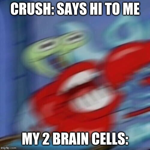 Mr krabs blur | CRUSH: SAYS HI TO ME; MY 2 BRAIN CELLS: | image tagged in mr krabs blur | made w/ Imgflip meme maker