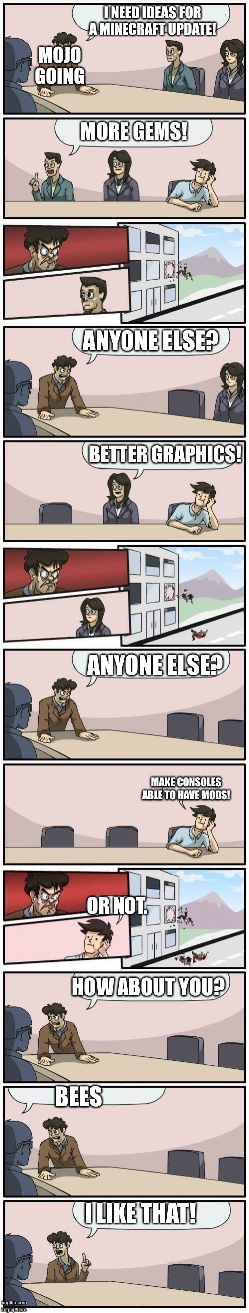 Boardroom Meeting Suggestions Extended | I NEED IDEAS FOR A MINECRAFT UPDATE! MOJO GOING; MORE GEMS! ANYONE ELSE? BETTER GRAPHICS! ANYONE ELSE? MAKE CONSOLES ABLE TO HAVE MODS! OR NOT. HOW ABOUT YOU? BEES; I LIKE THAT! | image tagged in boardroom meeting suggestions extended | made w/ Imgflip meme maker