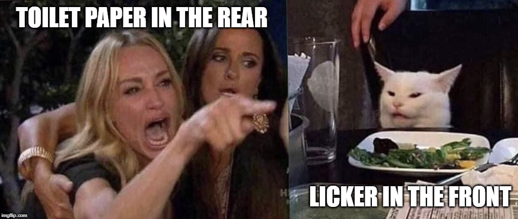 woman yelling at cat | TOILET PAPER IN THE REAR; LICKER IN THE FRONT | image tagged in woman yelling at cat | made w/ Imgflip meme maker