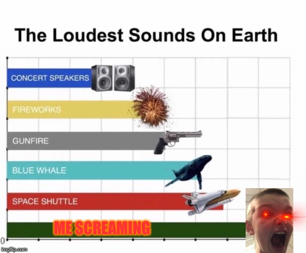 The Loudest Sounds On Earth | ME SCREAMING | image tagged in the loudest sounds on earth | made w/ Imgflip meme maker