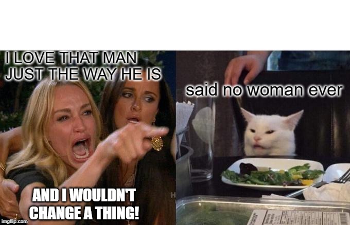Change | I LOVE THAT MAN JUST THE WAY HE IS; said no woman ever; AND I WOULDN'T CHANGE A THING! | image tagged in memes,woman yelling at cat | made w/ Imgflip meme maker