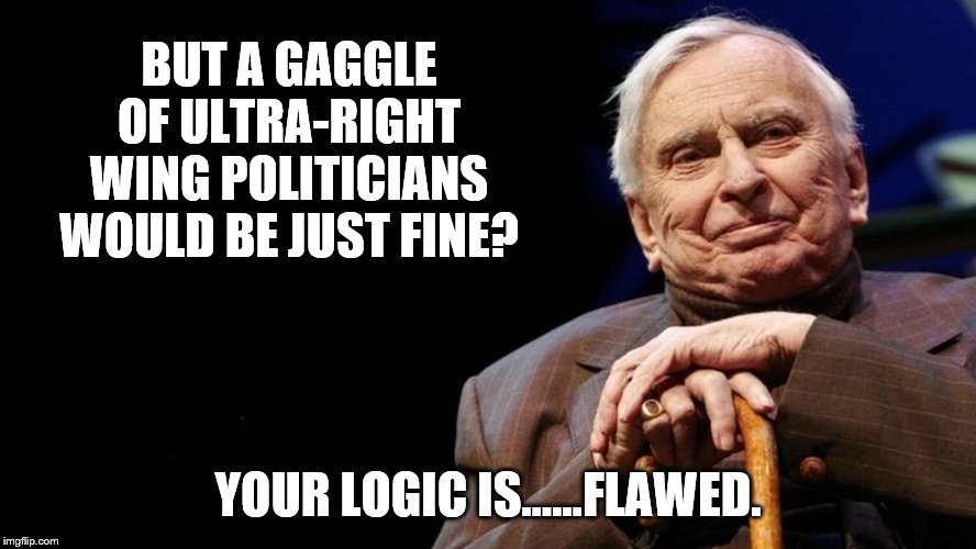 BUT A GAGGLE OF ULTRA-RIGHT WING POLITICIANS WOULD BE JUST FINE? YOUR LOGIC IS......FLAWED. | made w/ Imgflip meme maker