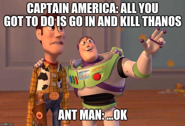 X, X Everywhere Meme | CAPTAIN AMERICA: ALL YOU GOT TO DO IS GO IN AND KILL THANOS; ANT MAN: ...OK | image tagged in memes,x x everywhere | made w/ Imgflip meme maker