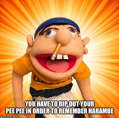 Jeffy says what? | YOU HAVE TO RIP OUT YOUR PEE PEE IN ORDER TO REMEMBER HARAMBE | image tagged in jeffy says what | made w/ Imgflip meme maker