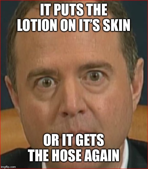 Adam Schiff | IT PUTS THE LOTION ON IT’S SKIN; OR IT GETS THE HOSE AGAIN | image tagged in adam schiff,maga,trump 2020 | made w/ Imgflip meme maker