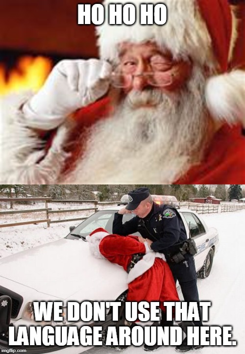Santa busted for sexual harassment. | HO HO HO; WE DON'T USE THAT LANGUAGE AROUND HERE. | image tagged in santa busted,ho ho ho | made w/ Imgflip meme maker