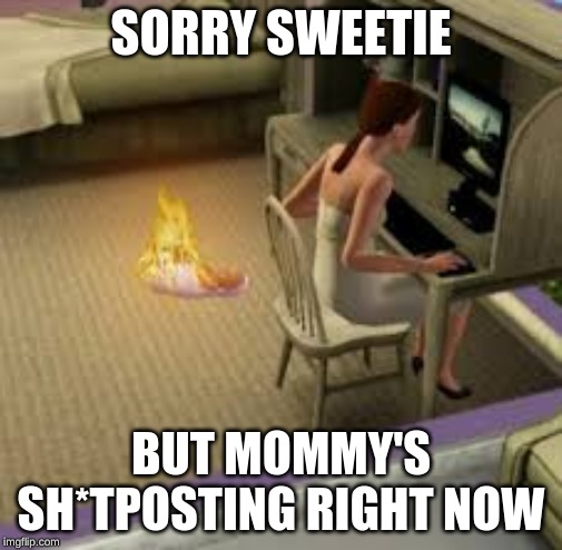sims baby on fire | SORRY SWEETIE; BUT MOMMY'S SH*TPOSTING RIGHT NOW | image tagged in memes,the sims,mommy,baby,sh'tposting | made w/ Imgflip meme maker