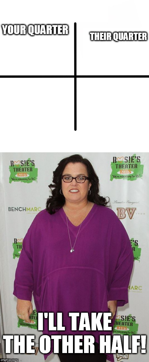 the  ONLY   1/2  Rosie  is   is    HALF A  TON! | YOUR QUARTER; THEIR QUARTER; I'LL TAKE THE OTHER HALF! | image tagged in memes,blank starter pack,rosie o'donnell,fat tub of goo,tub  of  lard   rosie | made w/ Imgflip meme maker