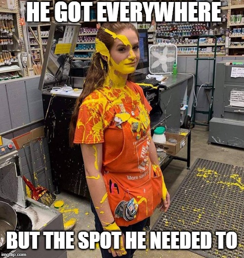 HOME DEPOT PAINT GIRL | HE GOT EVERYWHERE BUT THE SPOT HE NEEDED TO | image tagged in home depot paint girl | made w/ Imgflip meme maker