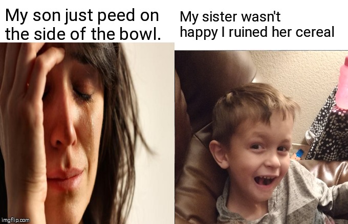 Ornery kid | My son just peed on the side of the bowl. My sister wasn't happy I ruined her cereal | image tagged in memes,funny memes | made w/ Imgflip meme maker