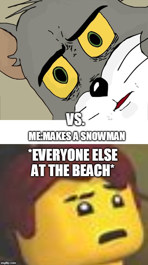 Ninjago as memes 4 | VS. *EVERYONE ELSE AT THE BEACH*; ME:MAKES A SNOWMAN | image tagged in memes,unsettled tom,ninjago,jay | made w/ Imgflip meme maker