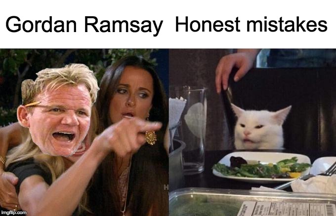 Peace was never an option | Gordan Ramsay; Honest mistakes | image tagged in memes,woman yelling at cat | made w/ Imgflip meme maker