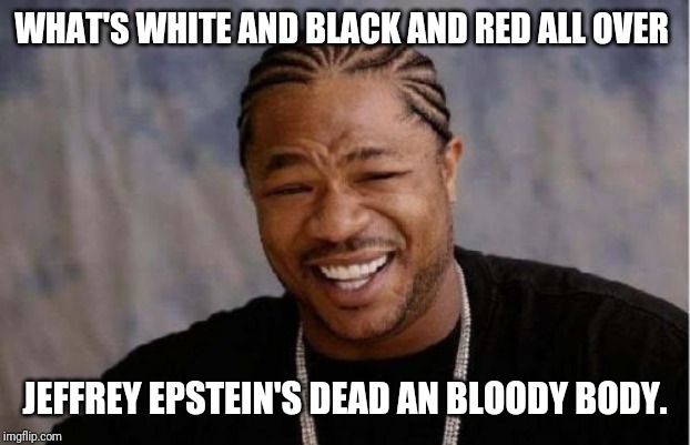 Yo Dawg Heard You | WHAT'S WHITE AND BLACK AND RED ALL OVER; JEFFREY EPSTEIN'S DEAD AN BLOODY BODY. | image tagged in memes,yo dawg heard you,jeffrey epstein | made w/ Imgflip meme maker