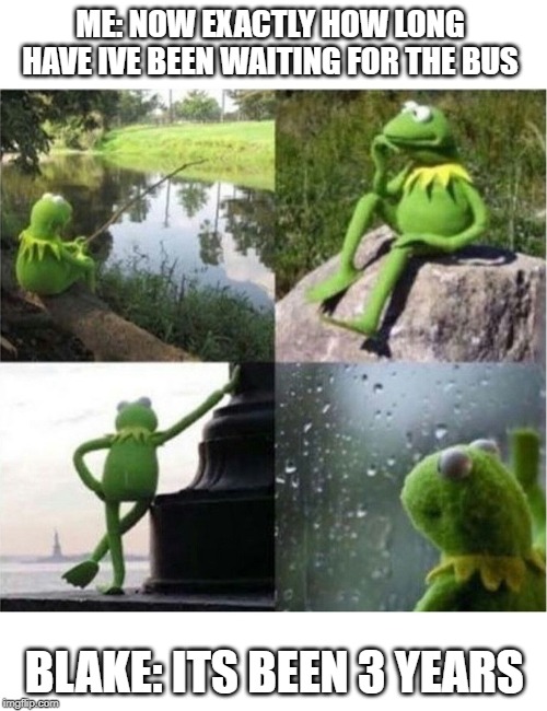 blank kermit waiting | ME: NOW EXACTLY HOW LONG HAVE IVE BEEN WAITING FOR THE BUS; BLAKE: ITS BEEN 3 YEARS | image tagged in blank kermit waiting | made w/ Imgflip meme maker