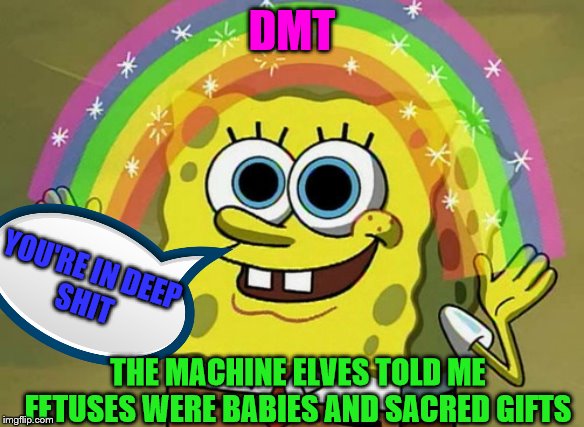 SpongeBob broke through | DMT; YOU'RE IN DEEP 
SHIT; THE MACHINE ELVES TOLD ME FETUSES WERE BABIES AND SACRED GIFTS | image tagged in memes,imagination spongebob | made w/ Imgflip meme maker