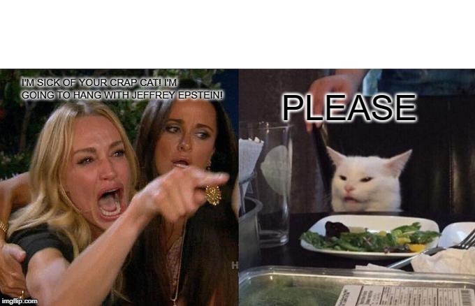 Woman Yelling At Cat | I'M SICK OF YOUR CRAP CAT! I'M GOING TO HANG WITH JEFFREY EPSTEIN! PLEASE | image tagged in memes,woman yelling at cat | made w/ Imgflip meme maker