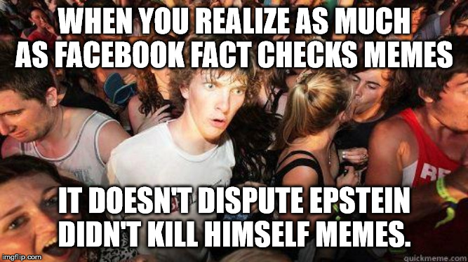 Facebook Knows | WHEN YOU REALIZE AS MUCH AS FACEBOOK FACT CHECKS MEMES; IT DOESN'T DISPUTE EPSTEIN DIDN'T KILL HIMSELF MEMES. | image tagged in sudden realization,facebook,epstein | made w/ Imgflip meme maker
